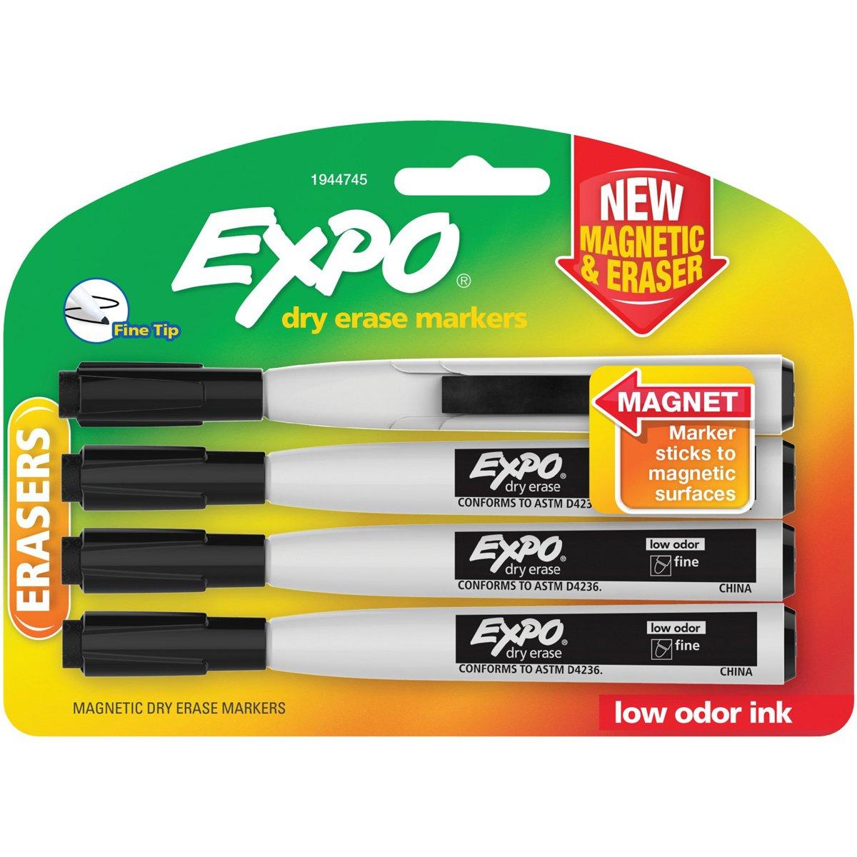 EXPO 1944745 Dry Erase Markers with Eraser, Fine Tip, Black, 4
