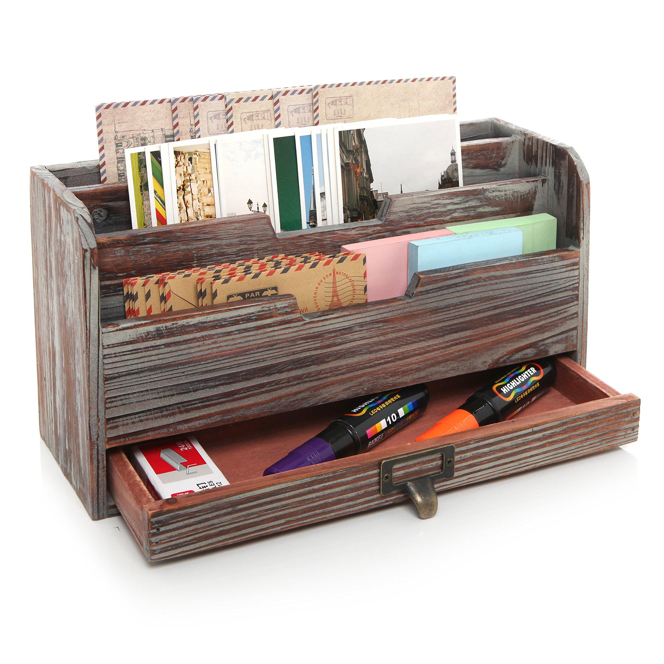 MyGift 3 Tier Country Rustic Torched Wood Office Desk File Organizer