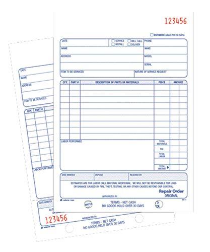 Adams Repair Order Book, Carbonless, 2-Part, White/White, 5-9/16 x 8-7/16